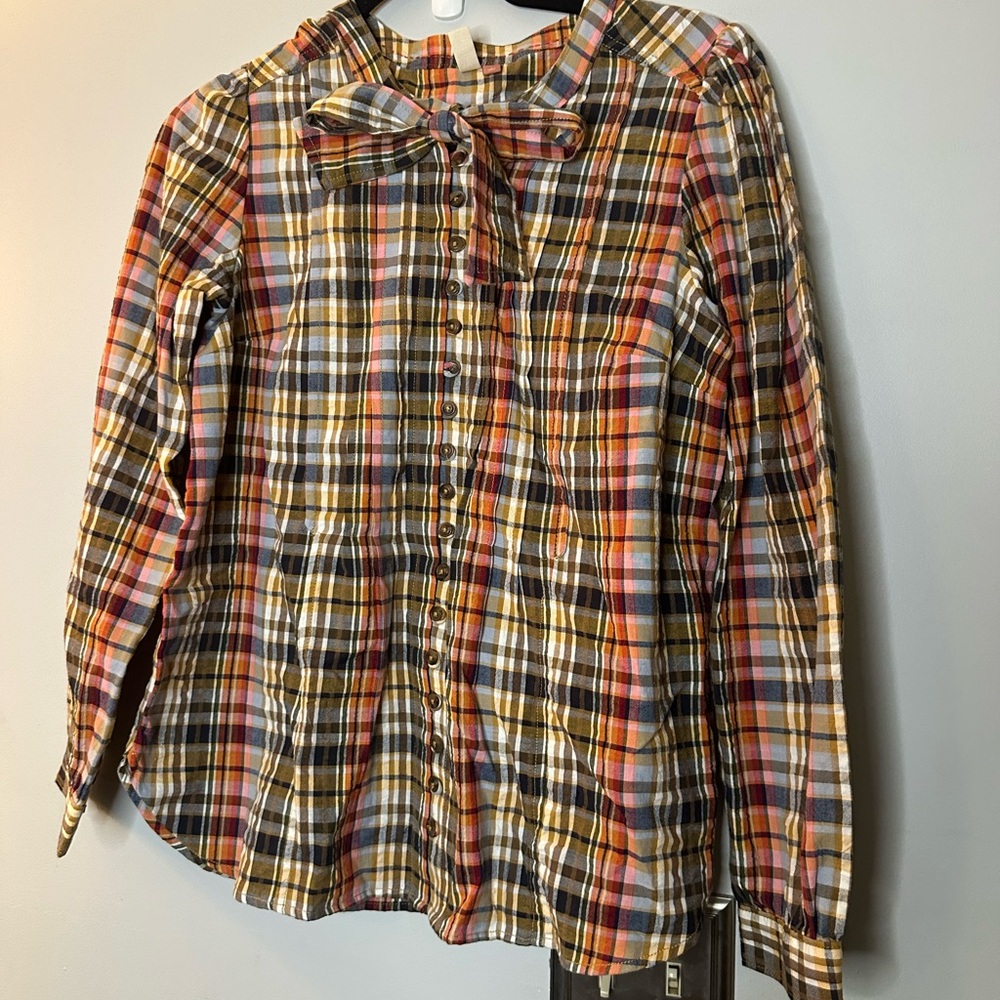 Pilcro Colorful Plaid Button-Down Shirt with Bow